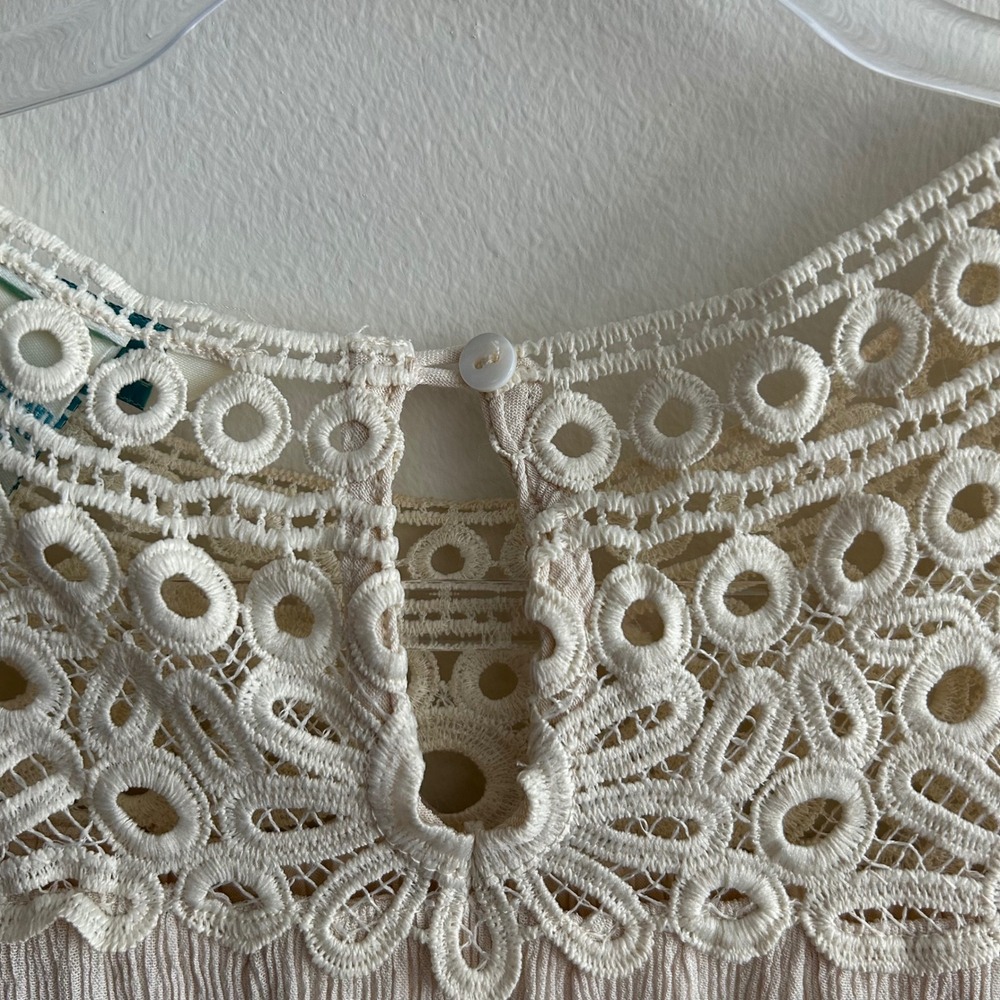 Sundance Mini Dress Ivory Small Crochet Lace Crinkle Gauze Smocked Waist Boho - Picture 5 of 7
